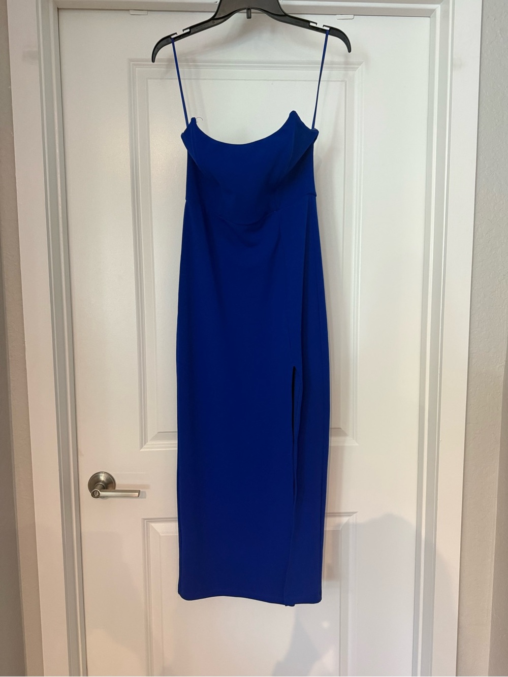 Blue Strappless Midi Dress with Side Slit